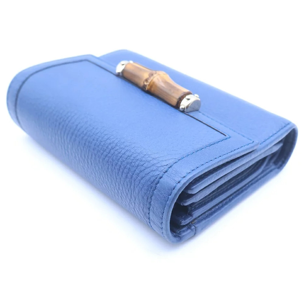 GUCCI Bamboo Bi fold Wallet Compact coin wallet Case Blue Leather - Picture 4 of 5